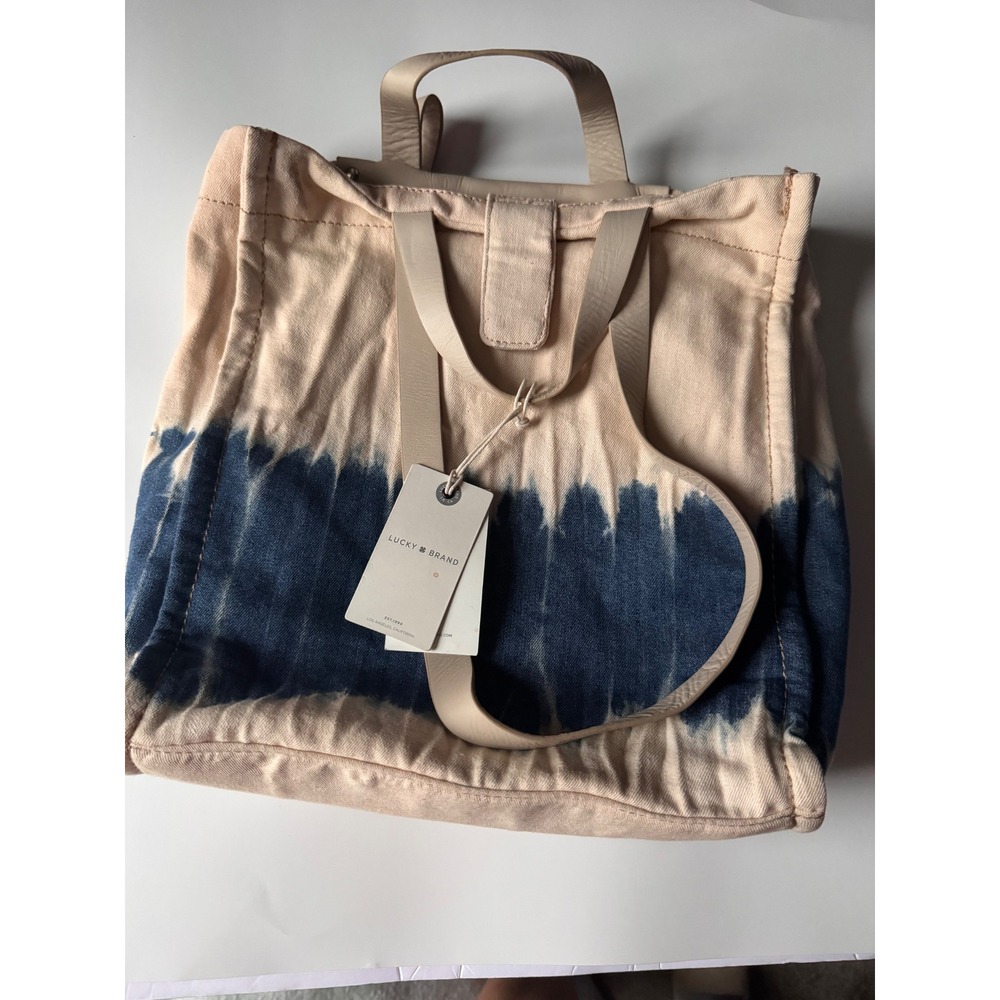 Lucky Brand Tie Dye Canvas Tote Bag Blue Cream Leather Trim NWT